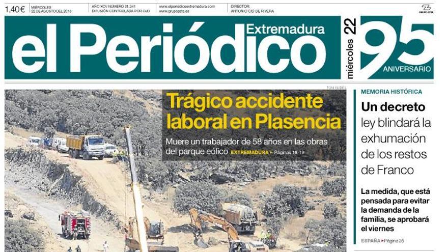 Esta es la portada de EL PERIÓDICO EXTREMADURA correspondiente al día 22 de agosto del 2018