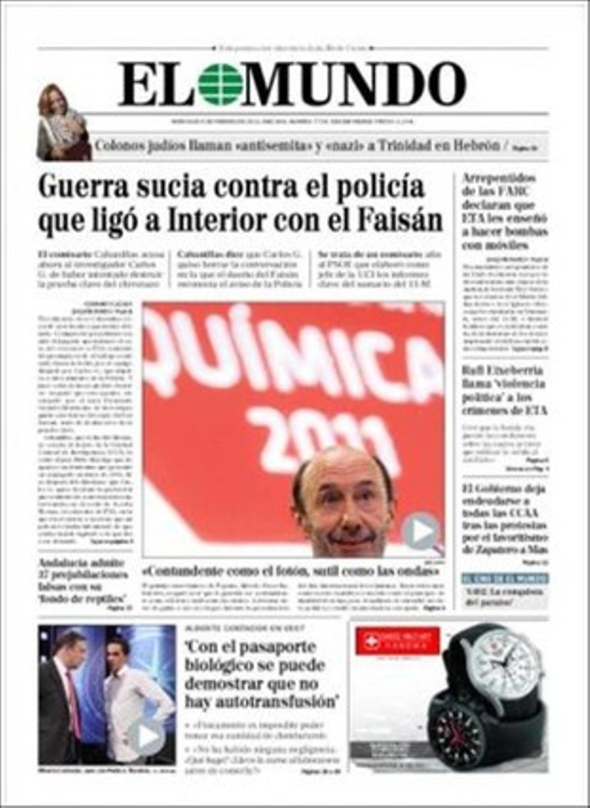 ’El Mundo’ destaca a més que Zapatero revela que va convidar Rajoy a seure a la taula de diàleg social, que Albert Rivera demandarà el Parlament per tramitar una llei d’independència, que Convivència Cívica es querella contra la Generalitat per prevaricar amb la immersió lingüística, i que el Govern sancionarà les caixes d’estalvis que no presentin els seus plans d’ajust en 15 dies.
