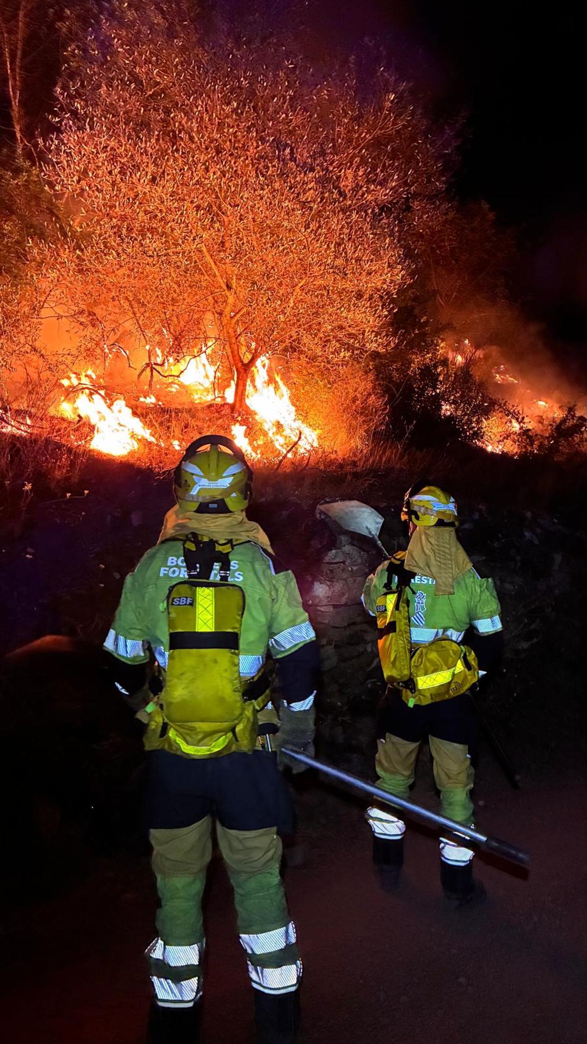 La unidad de bomberos forestales de Sant Mateu durante su participación en la extinción del incendio de Soneja.