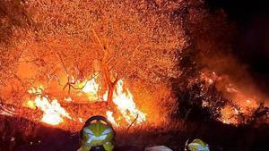 La unidad de bomberos forestales de Sant Mateu durante su participación en la extinción del incendio de Soneja.