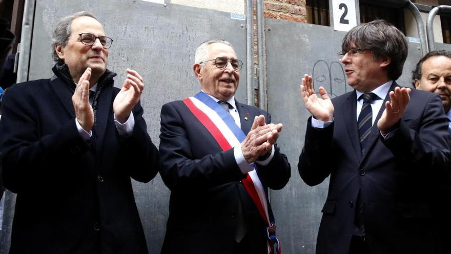 El president de la Generalitat, Quim Torra; l&#039;alcalde de Perpinyà, Jean-Marc Pujol, i l&#039;eurodiputat Carles Puigdemont