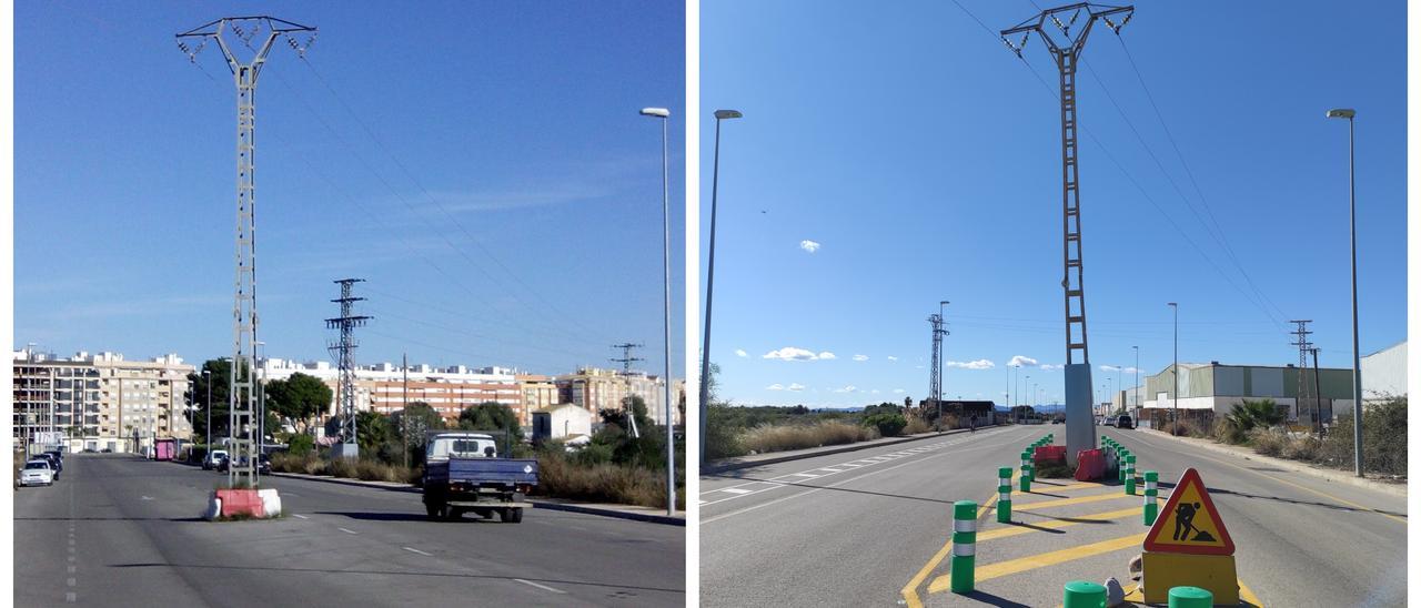 A la izquierda, imagen del 2015 de la calle Argila, casi sin seguridad. A la derecha, estado actual de la torre, con pilonas de plástico para alertar de su presencia a los conductores.