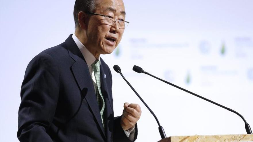 El secretari general de l&#039;ONU, Ban Ki-moon, durant el seu discurs a la cimera de París.