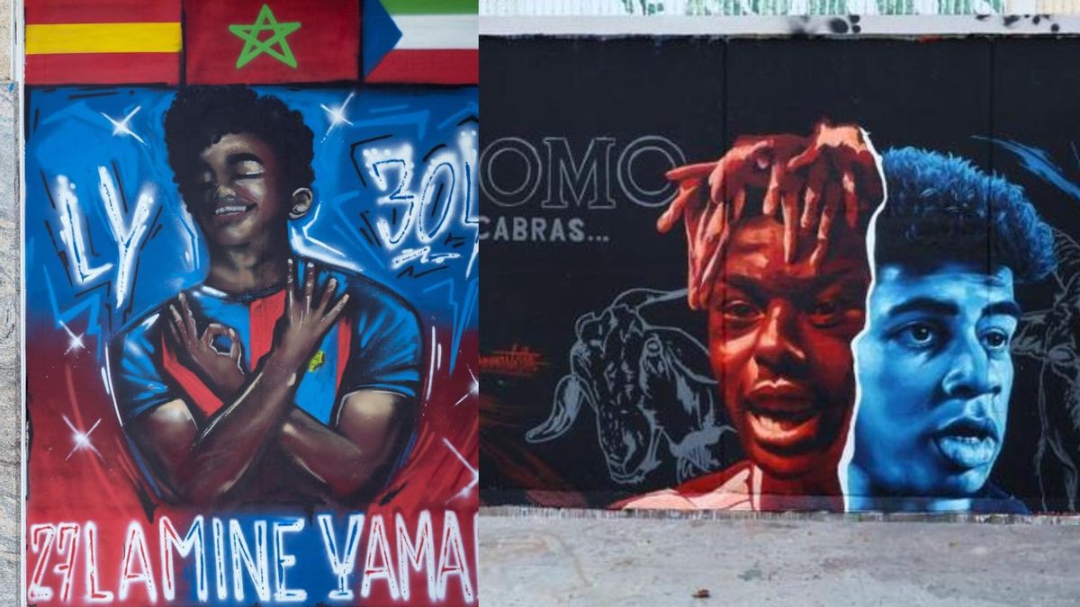 Retrato de Lamine Yamal junto a una obra con Nico, de TV Boy