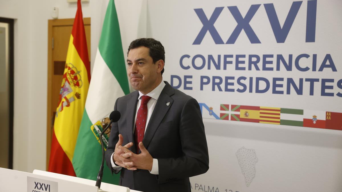 Juanma Moreno, presidente de la Junta de Andalucía, en la Conferencia de Presidentes de este domingo.