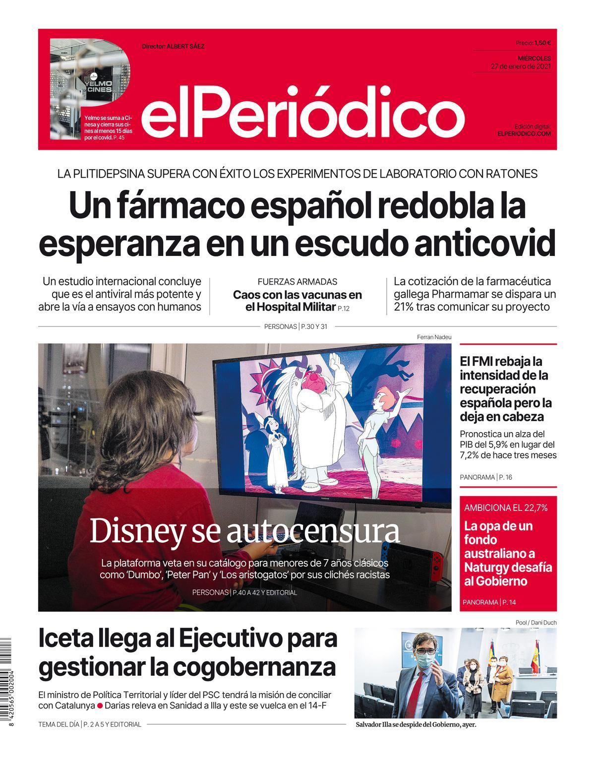 La portada d’EL PERIÓDICO del 27 de gener del 2021