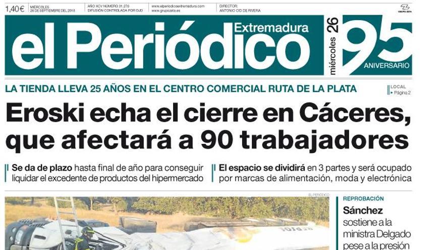 Esta es la portada de EL PERIÓDICO EXTREMADURA correspondiente al día 26 de septiembre del 2018