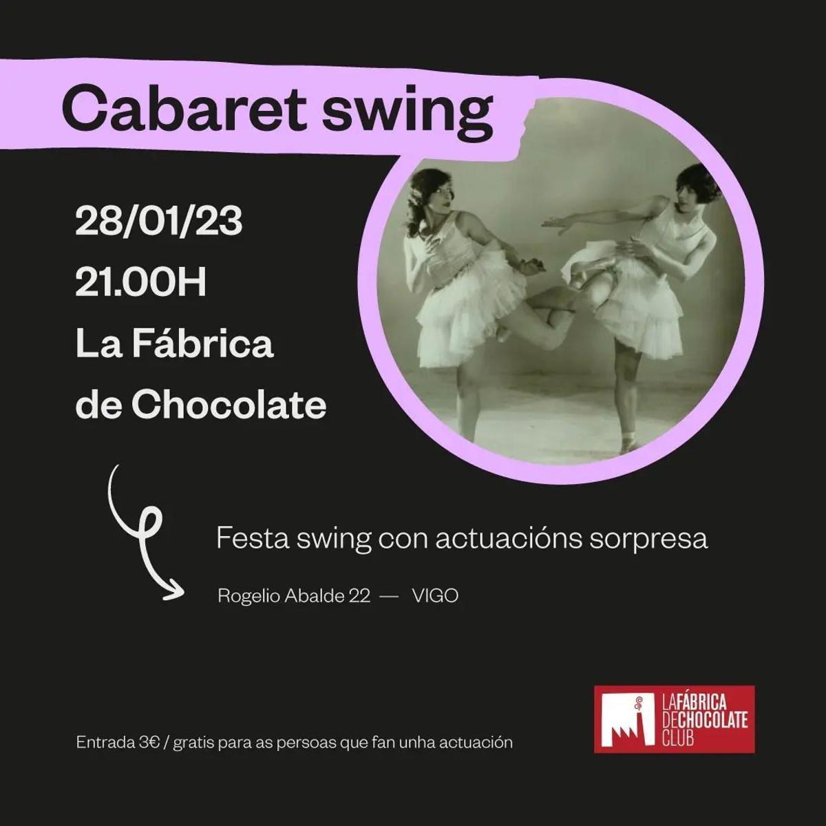 Cartel de la fiesta swing que se celebra esta noche en La Fábrica de Chocolate.