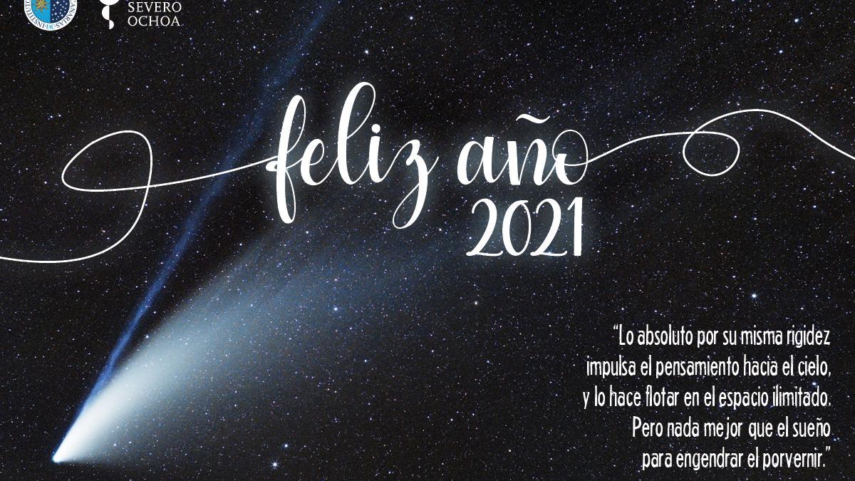 Postal con la que el IAC felicita el año con una imagen del cometa Neowise.