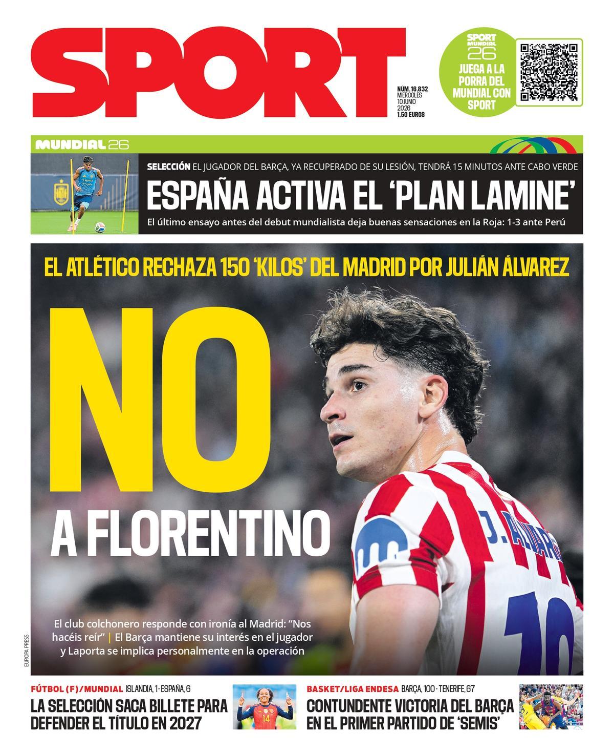 Esta es la portada de SPORT de hoy miércoles, 10 de junio de 2026