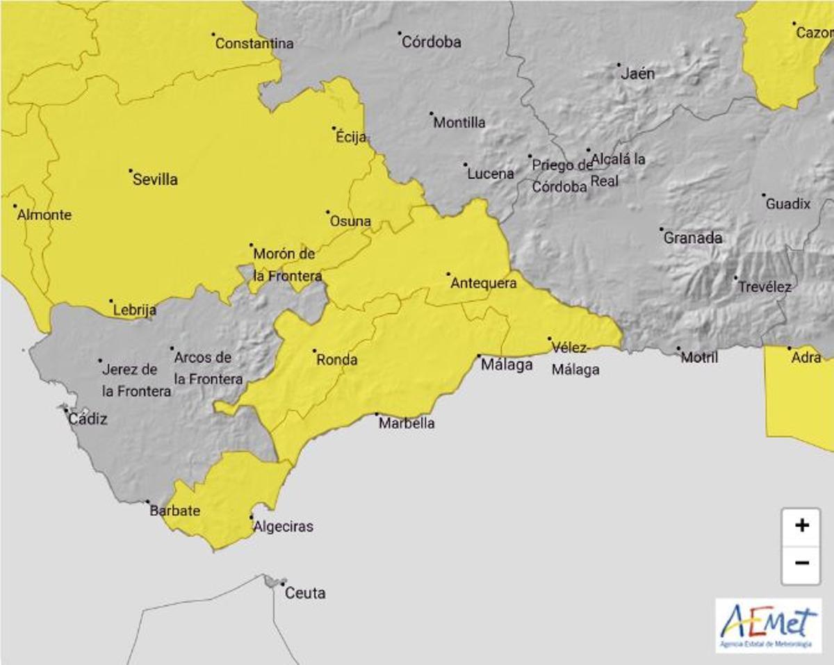 El aviso amarillo afecta a toda la provincia de Málaga desde la medianoche de este sábado hasta las nueve de la mañana.
