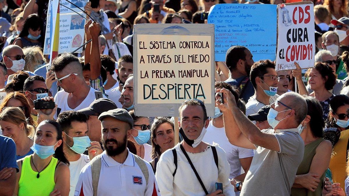 Manifestación contra el uso generalizado de las mascarillas y otras restricciones anticovid, en el centro de Madrid, el pasado 16 de agosto