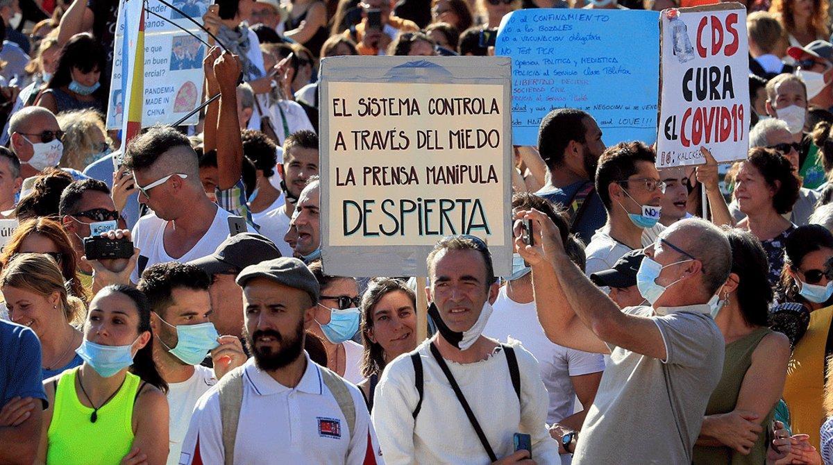 Manifestación contra el uso generalizado de las mascarillas y otras restricciones anticovid, en el centro de Madrid, el pasado 16 de agosto.