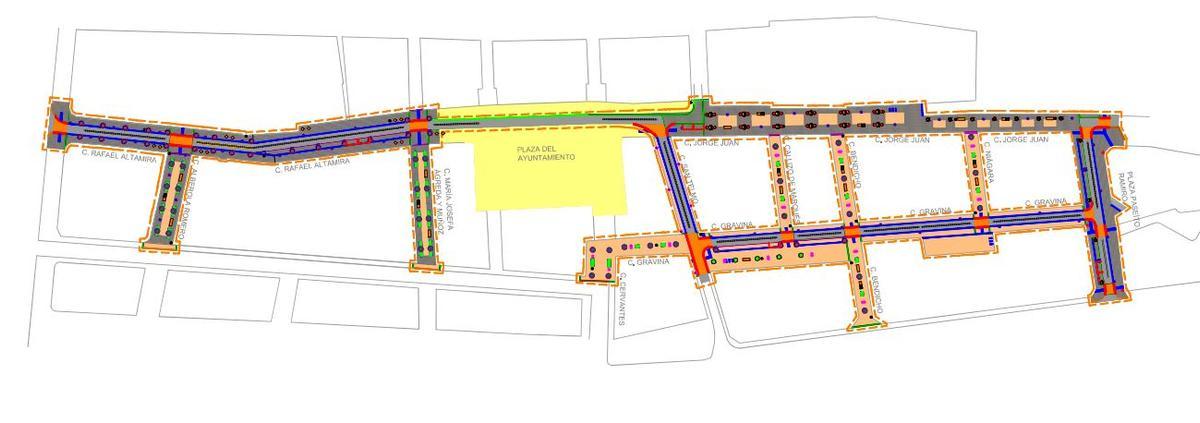 Ámbito de actuación, con las calles a peatonalizar señaladas en color salmón