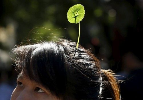 A woman wearing a sprout like hairpin makes her way in Beijing