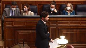 El presidente del Gobierno, Pedro Sánchez, la vicepresidenta primera, Carmen Calvo, el portavoz de ERC, Gabriel Rufián, el vicepresidente segundo, Pablo Iglesias, y la vicepresidenta tercera, Nadia Calviño