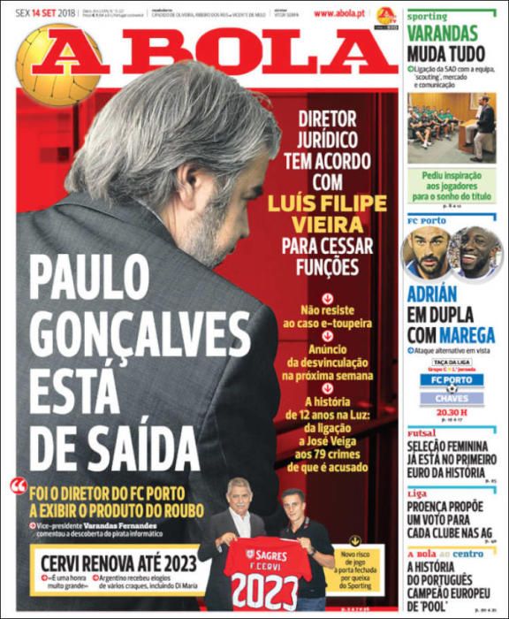 Portada A BOLA viernes 14 de septiembre 2018