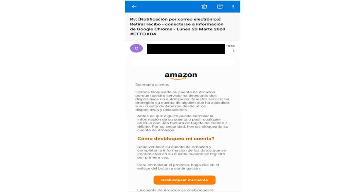 Captura real de una estafa utilizando el nombre de la empresa Amazon