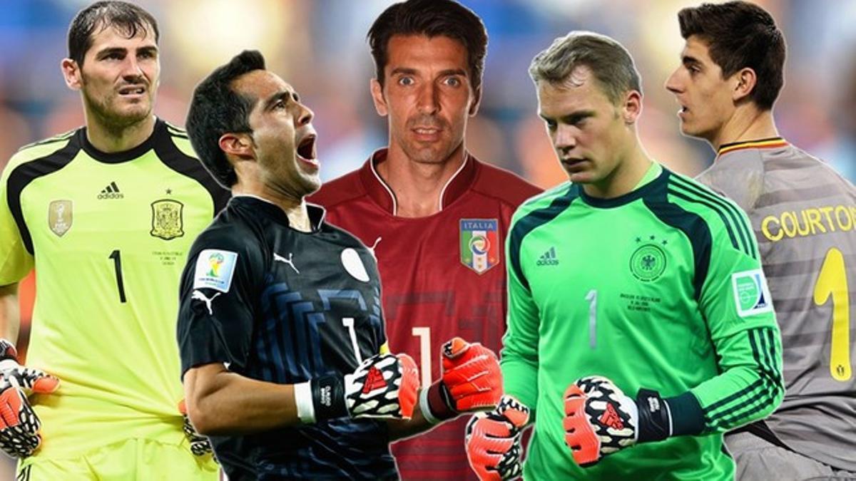 De izquierda a derecha, Iker Casillas, Claudio Bravo, Gianluigi Buffon, Manuel Neuer y Thibaut Courtois, los cinco nominados al título de mejor portero del mundo