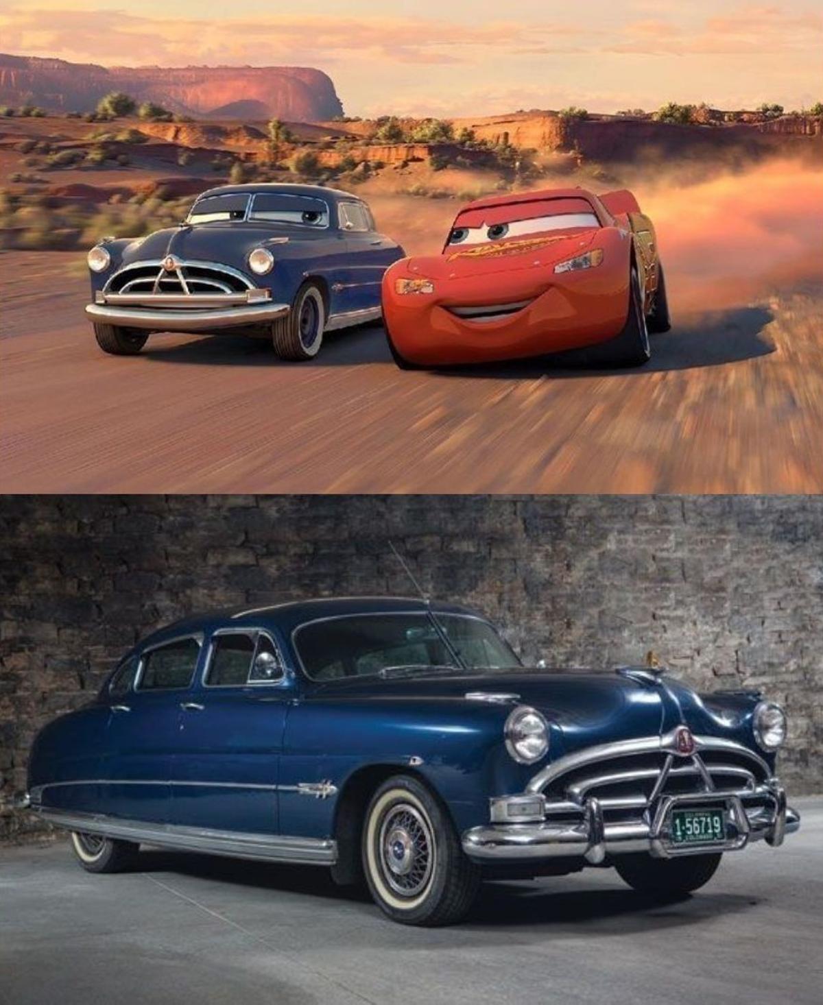 Imágenes de la película 'Cars', donde le dan vida al modelo clásico de Chevrolet Corvette (RayoMcQueen) y al Hudson Hornet Coupé (Doc); también representado cómo es el vehículo en la vida real