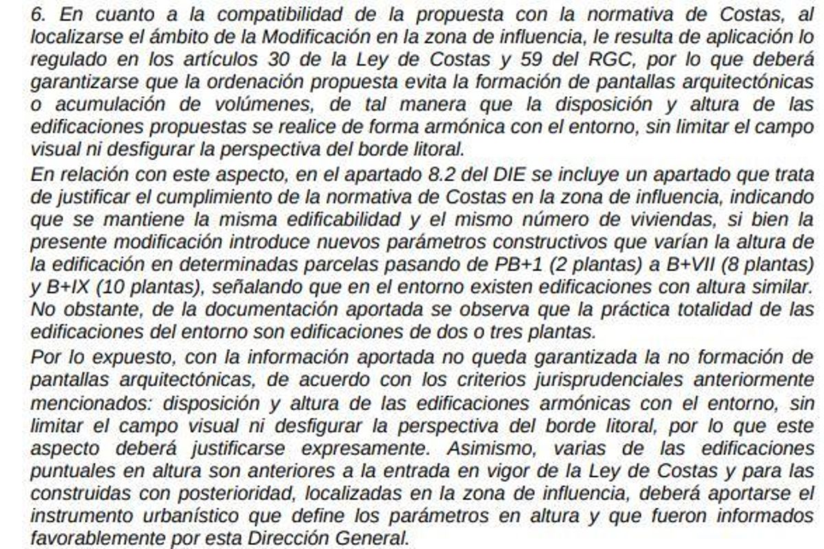Extracto del informe de Costas que no valida el cambio de la tipología de las edificaciones en Villa Amalia