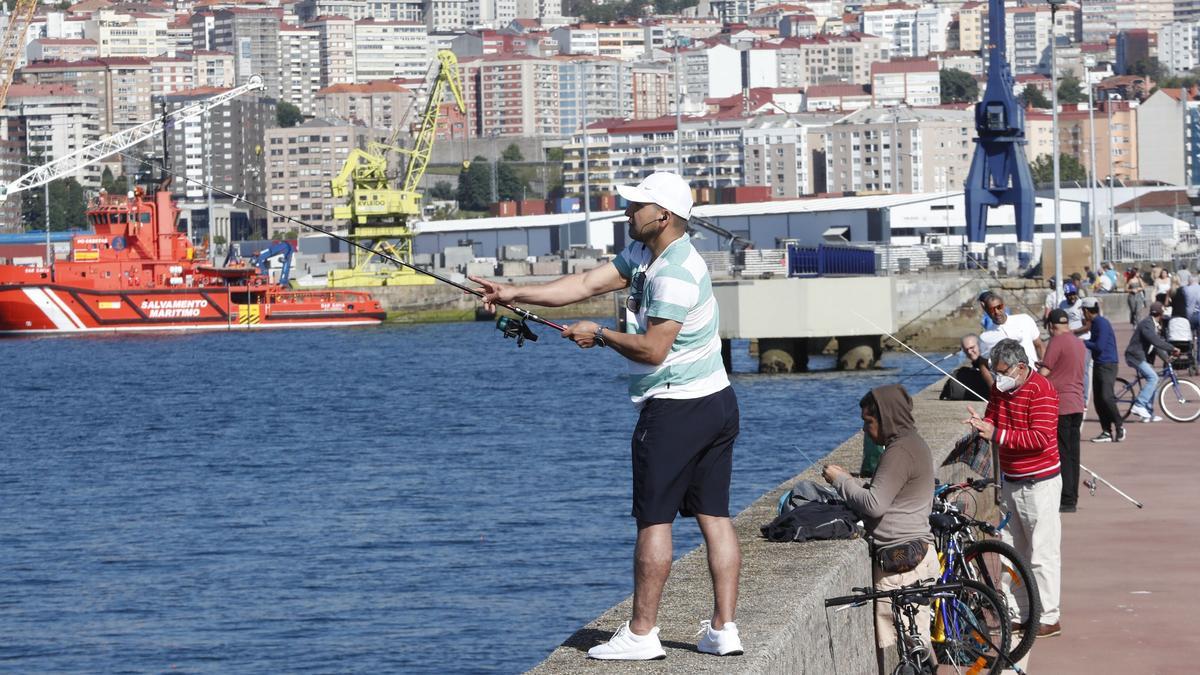 Decenas de pescadores deportivos en Vigo.