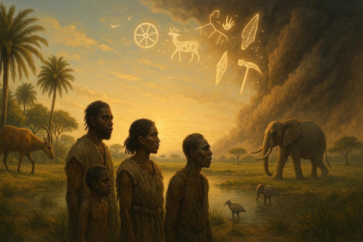 Escena semirrealista y atmosférica del antiguo Sahara Verde. Un grupo pequeño de personas con rasgos únicos (que reflejan su aislamiento genético) se encuentra en un oasis exuberante rodeado de sabana. Le sobrevuelan símbolos abstractos representando ideas y tecnologías—ruedas, herramientas, arte rupestre—viajando con el viento, como metáfora del Sahara como corredor cultural, no humano.