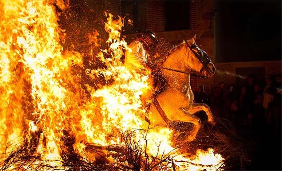 Un genet salta amb el seu cavall una de les fogueres enceses durant la celebració de la tradicional festa de ’Las Luminarias’ a San Bartolomé de Pinares (Àvila), en honor a sant Antoni, el sant patró dels animals.