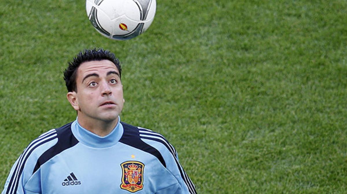 Xavi, durant un entrenament de la selecció. Xavi, durant un entrenament de la selecció.