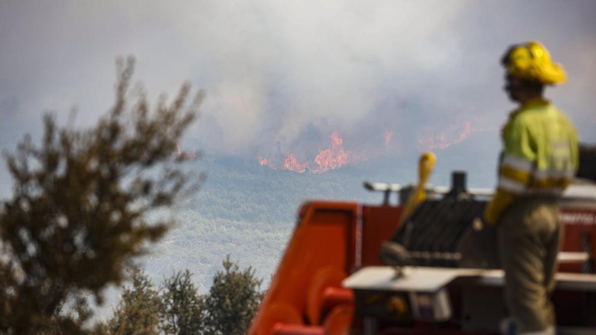 Un miembro de las Brigadas de Refuerzo de Incendios Forestales (BRIF) trabaja en el incendio forestal que va desde Alcublas hasta las poblaciones de Bejis, Teresa, Toras y Altura.