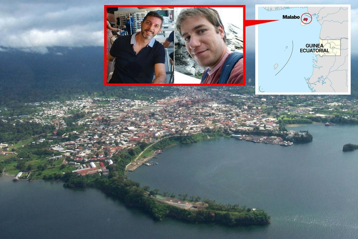La costa de Malabo, capital de Guinea Ecuatorial, donde está la cárcel de Black Beach. Arriba, las imágenes del cordobés Javier Marañón y el granadino David Rodríguez.