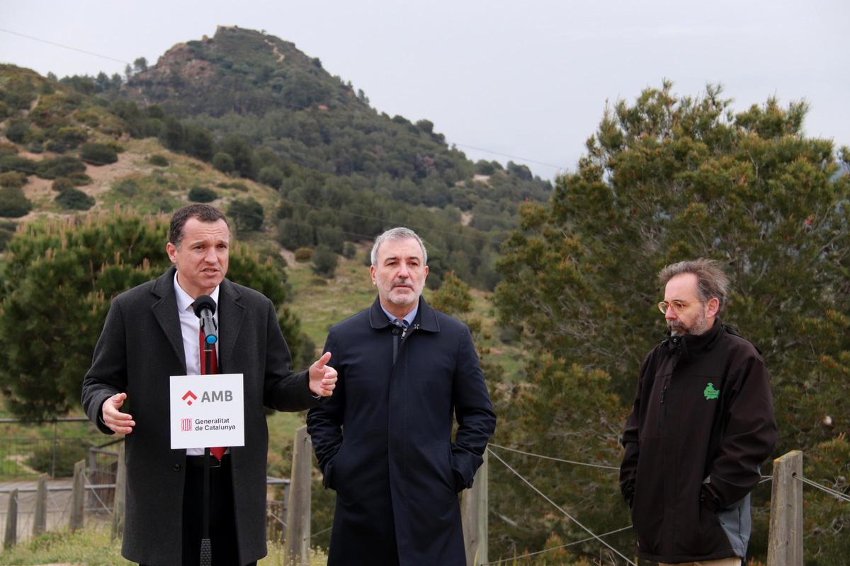 El conseller de Agricultura, Òscar Ordeig; el alcalde de Barcelona, Jaume Collboni; y el director general del Consorci del Parc de Collserola, Raimon Roda