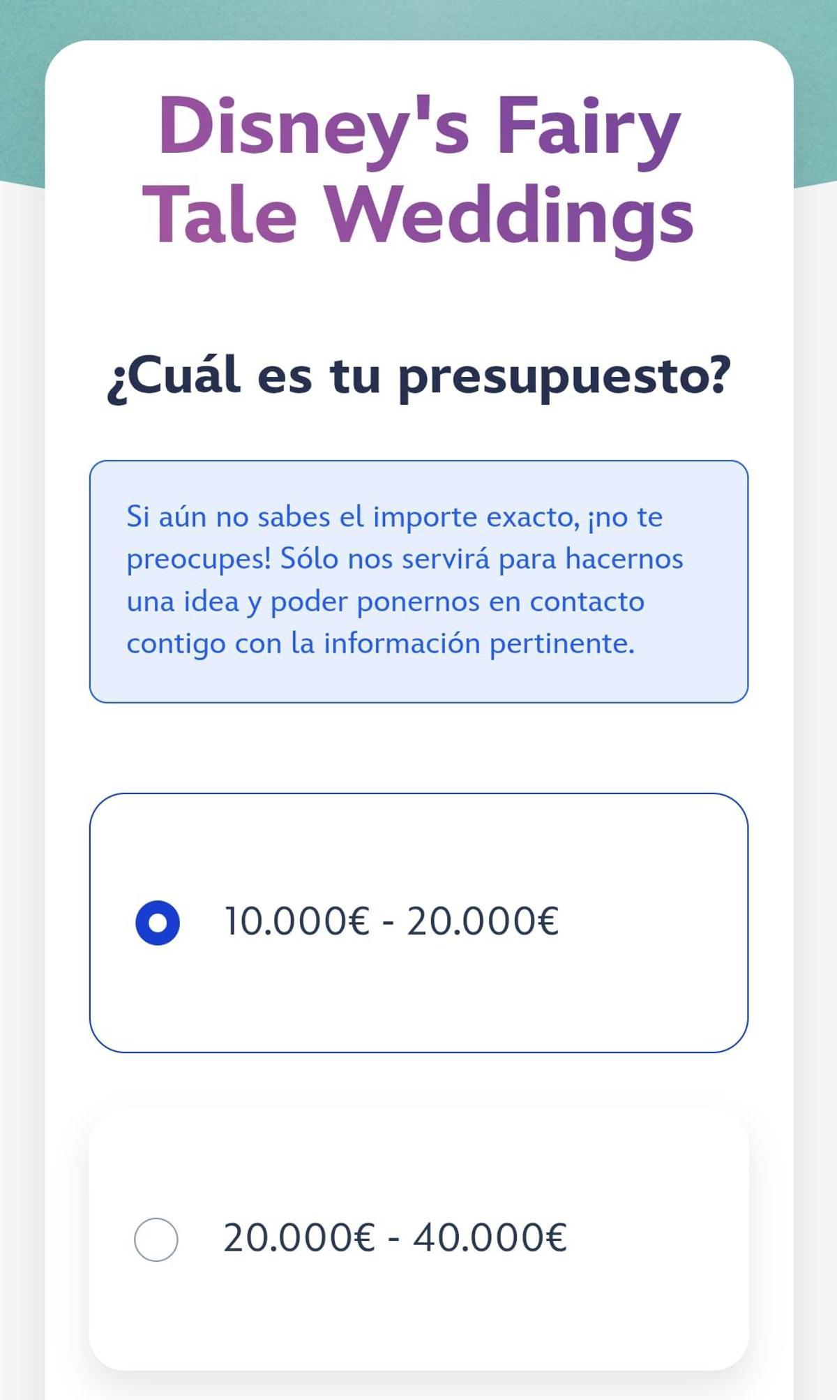 Formulario de presupuesto para pedidas de mano en Disneyland Paris.