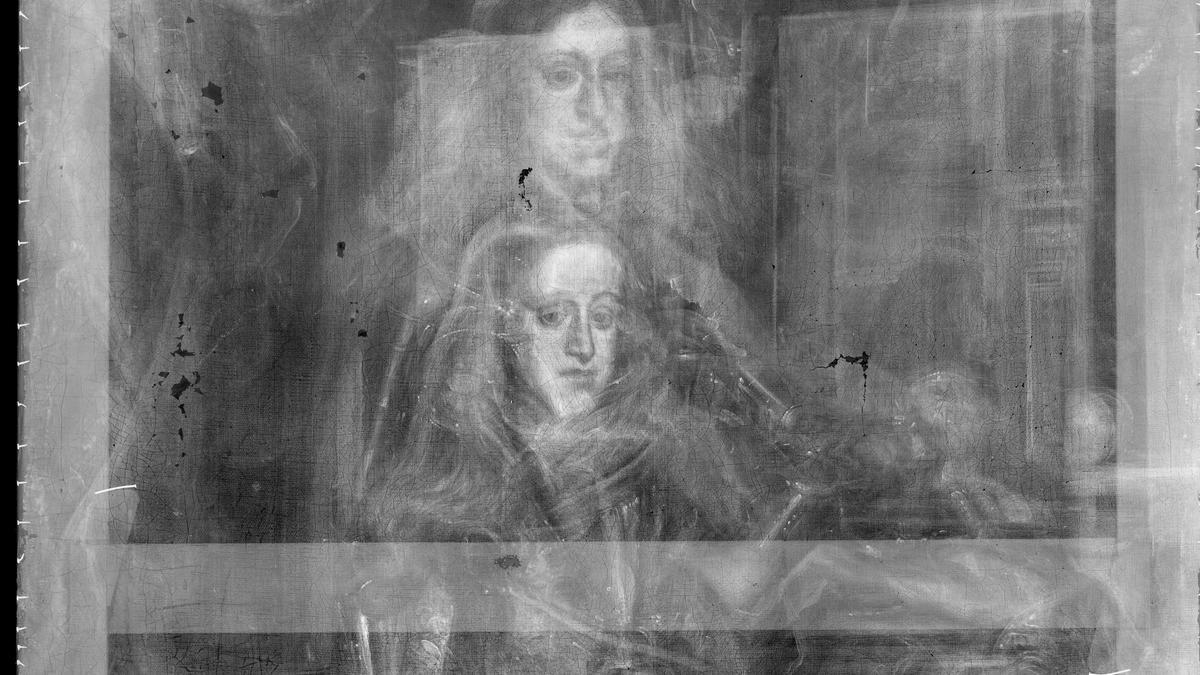 Vista de los rayos X aplicados al cuadro de Carlos II con armadura donde se descubrió que estaba pintado sobre el dibujo del rey diez años más tarde.