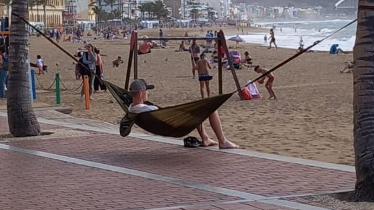 Hamaca colgada entre dos árboles del Paseo de Las Canteras.