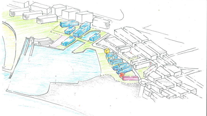 Un boceto del reparto de espacios en el área de Naval Gijón con un gran paseo en primera línea de costa y continuidad con el resto de la trama urbana de El Natahoyo.