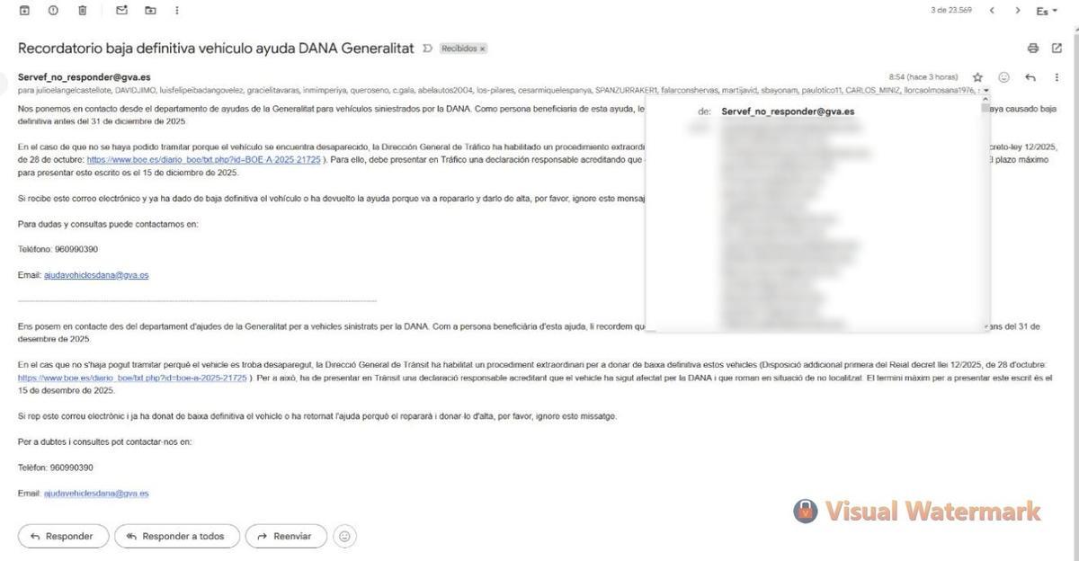 El correo enviado con las direcciones pixeladas por la protección de datos.