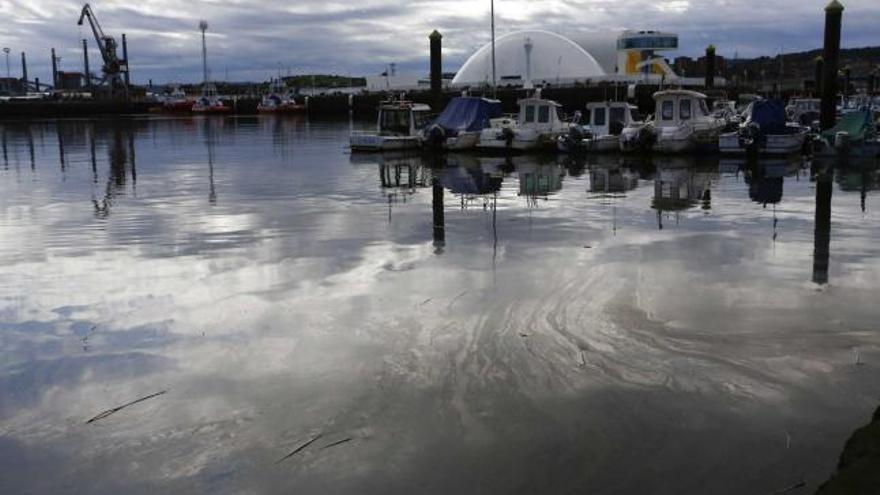 Vertido de una sustancia oleaginosa, ayer, en las inmediaciones del puerto deportivo de Avilés.