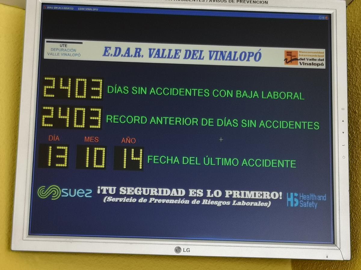 Pantalla ubicada a la entrada de la Estación Depuradora con indicadores sobre los días sin accidentes con baja laboral.