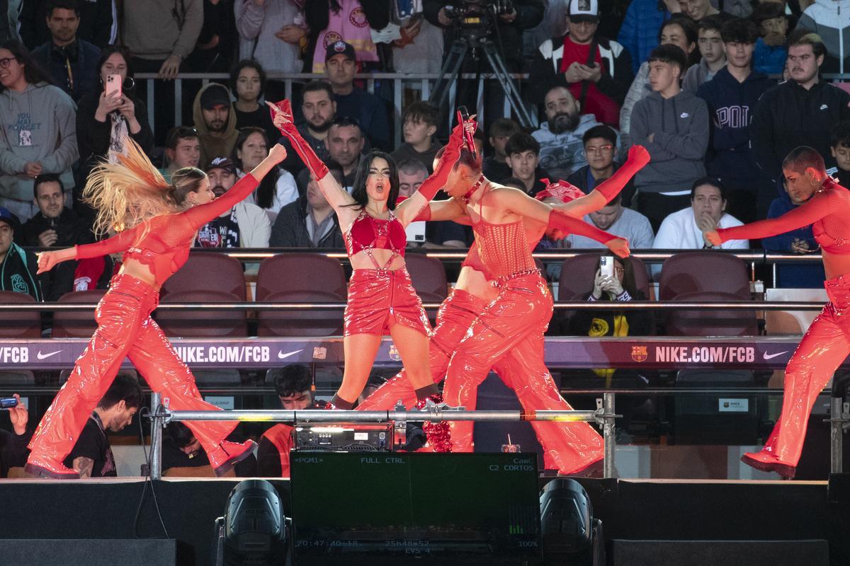 Singer Lali performs on stage during a Kings League soccer match final event, a seven-a-side football league established in 2022 by former soccer player Gerard Pique in association with other notable football personalities and internet streamers, held a Camp Nou stadium in Barcelona, Spain, 26 March 2023. EFE/ Marta Perez