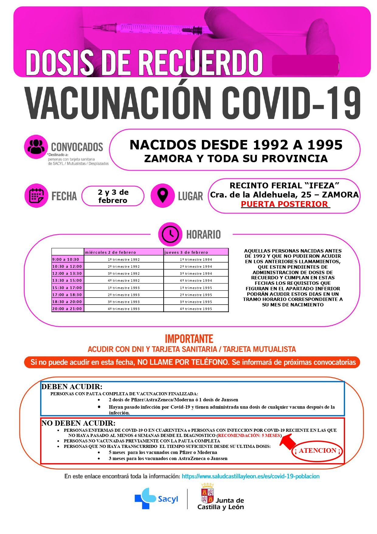 ZAMORA 2 y 3 febrero  nacidos 1992 a 1995 (repesca anteriores) DOSIS ADICIONAL (3ª DOSIS).