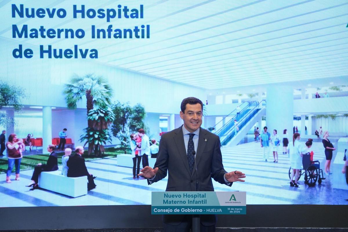 18/03/2026 El presidente de la Junta de Andalucía, Juanma Moreno, interviene en el acto oficial de colocación de la primera piedra del Hospital Materno Infantil del Juan Ramón Jiménez de Huelva. A 18 de marzo de 2026 en Huelva (Andalucía, España). El nuevo edificio del Materno Infantil se integrará de manera natural a las instalaciones del Hospital Universitario Juan Ramón Jiménez, para su construcción en un plazo previsto de 36 meses, el Gobierno andaluz ha liberado un presupuesto de 85 millones de euros. En su diseño el nuevo complejo hospitalario dispondrá de 125 camas distribuidas entre las áreas de Pediatría, Obstetricia, Ginecología, Salud Mental, UCI y Cuidados Intermedios y contará con una dotación de un Área de Neonatos, Bloque Quirúrgico, Bloque Obstétrico y Urgencias de Pediatría y Obstetricia. SOCIEDAD María José López - Europa Press