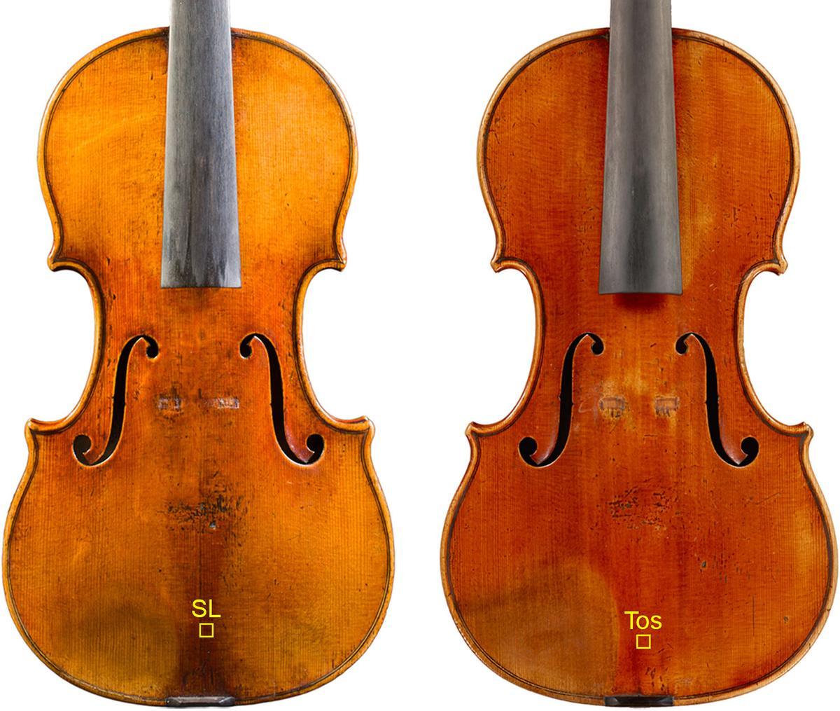 Imagen de los violines analizados en este trabajo de investigación. San Lorenzo (1718) a la izquierda y Toscano (1690) a la derecha.