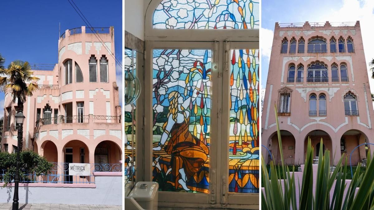 Vista de la casa rosa desde el exterior y detalle de la vidriera en uno de los baños
