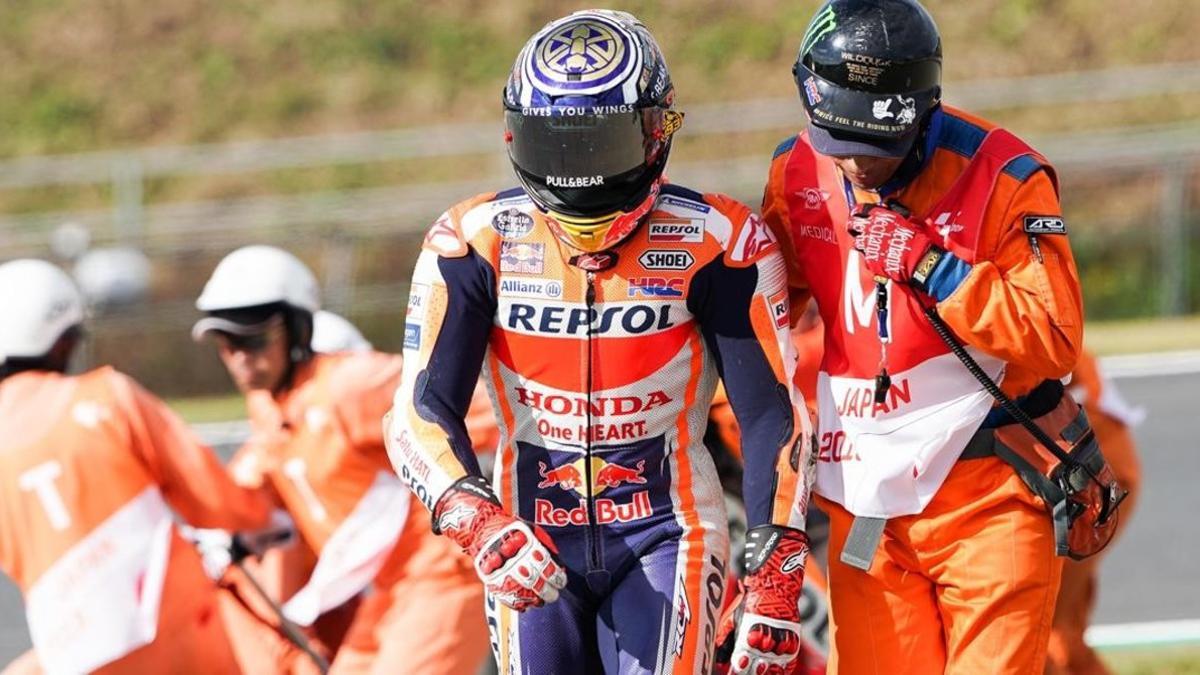 Marc Márquez (Honda) ha sufrido hoy, poco antes de la 'qualy' del GP de Japón, su caída nº 18 del Mundial.