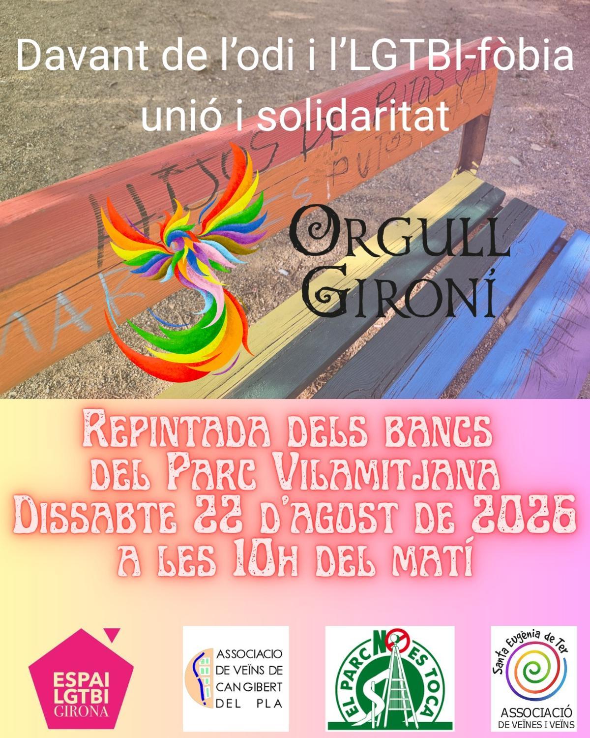 Cartell de la repintada dels bancs del parc Jordi Vilamitjana, convocada per aquest dissabte a les deu del matí.