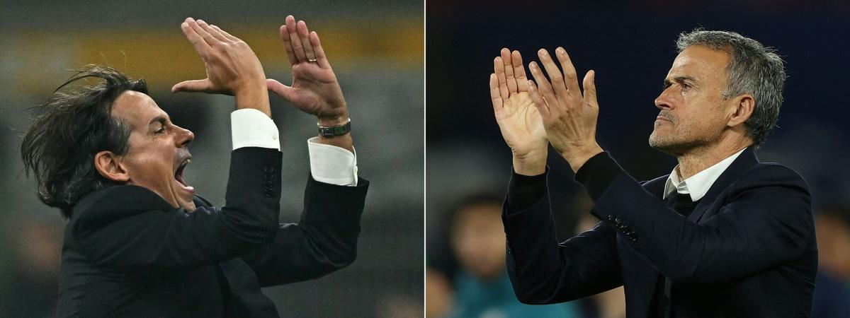 (COMBO) This combination of pictures created on May 28, 2025 shows Inter Milan's Italian coach Simone Inzaghi (L) reacting during the Italian Serie A football match between Inter Milan and Napoli at San Siro stadium in Milan, on November 10, 2023 and Paris Saint-Germain's Spanish coach Luis Enrique reacts after loosing the UEFA Champions League, football match between Paris Saint-Germain (PSG) and Atletico Madrid, at the Parc des Princes stadium in Paris on November 6, 2024. It has taken almost 15 years of huge spending by their Qatari owners and an overdue shift away from signing glamorous superstars, but Paris Saint-Germain go into the May 31, 2025 Champions League final against Inter Milan as favourites to finally win the coveted trophy for the first time. (Photo by Gabriel BOUYS and FRANCK FIFE / AFP)