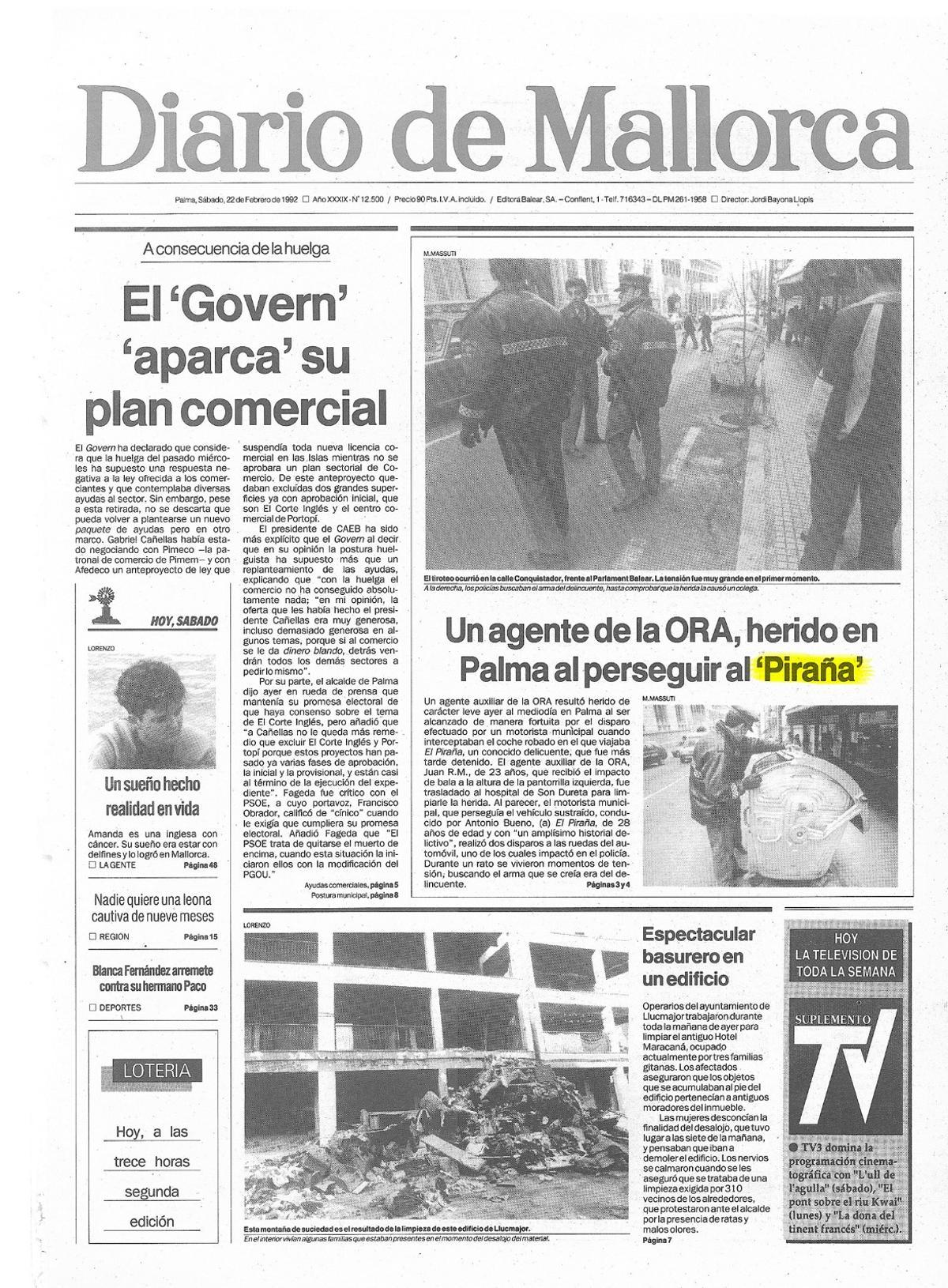 Portada de Diario de Mallorca del 22 de febrero de 1992.