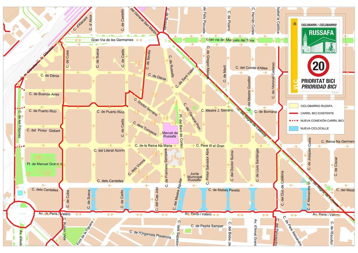 Plano del ciclobarrio de Russafa con el área de prioridad de la bici.