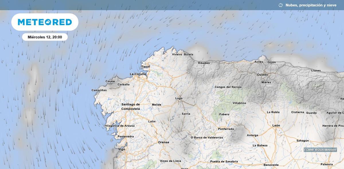 Predicción de nubes y precipitaciones en Galicia a las 20 horas